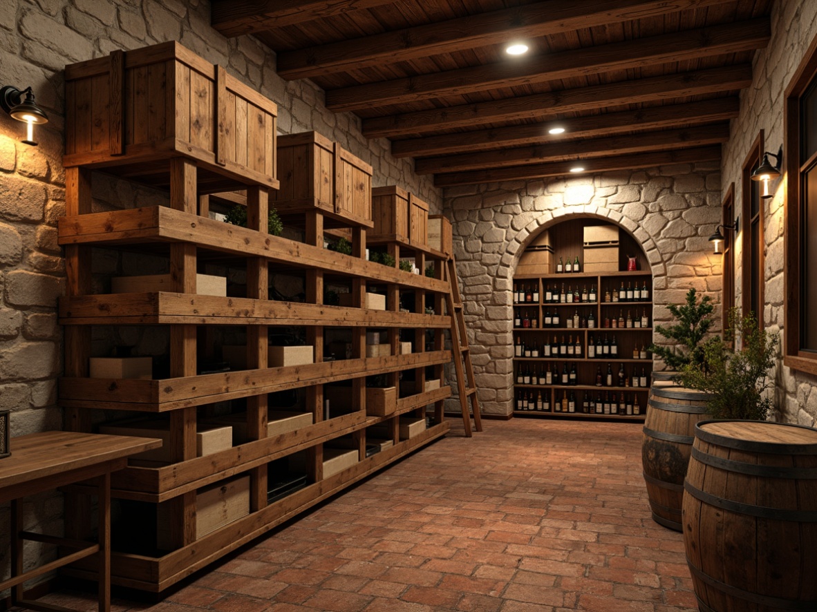 Prompt: Rustic wine cellar, reclaimed wood shelving, wooden crates, vintage metal barrels, earthy stone walls, dim warm lighting, rich wood tones, natural textures, weathered wooden beams, wrought iron accents, arched doorways, rustic metal lanterns, distressed finishes, aged brick floors, wooden wine racks, horizontal storage, ladder access, ambient shadows, soft warm glow, 3/4 composition, realistic wood grains.