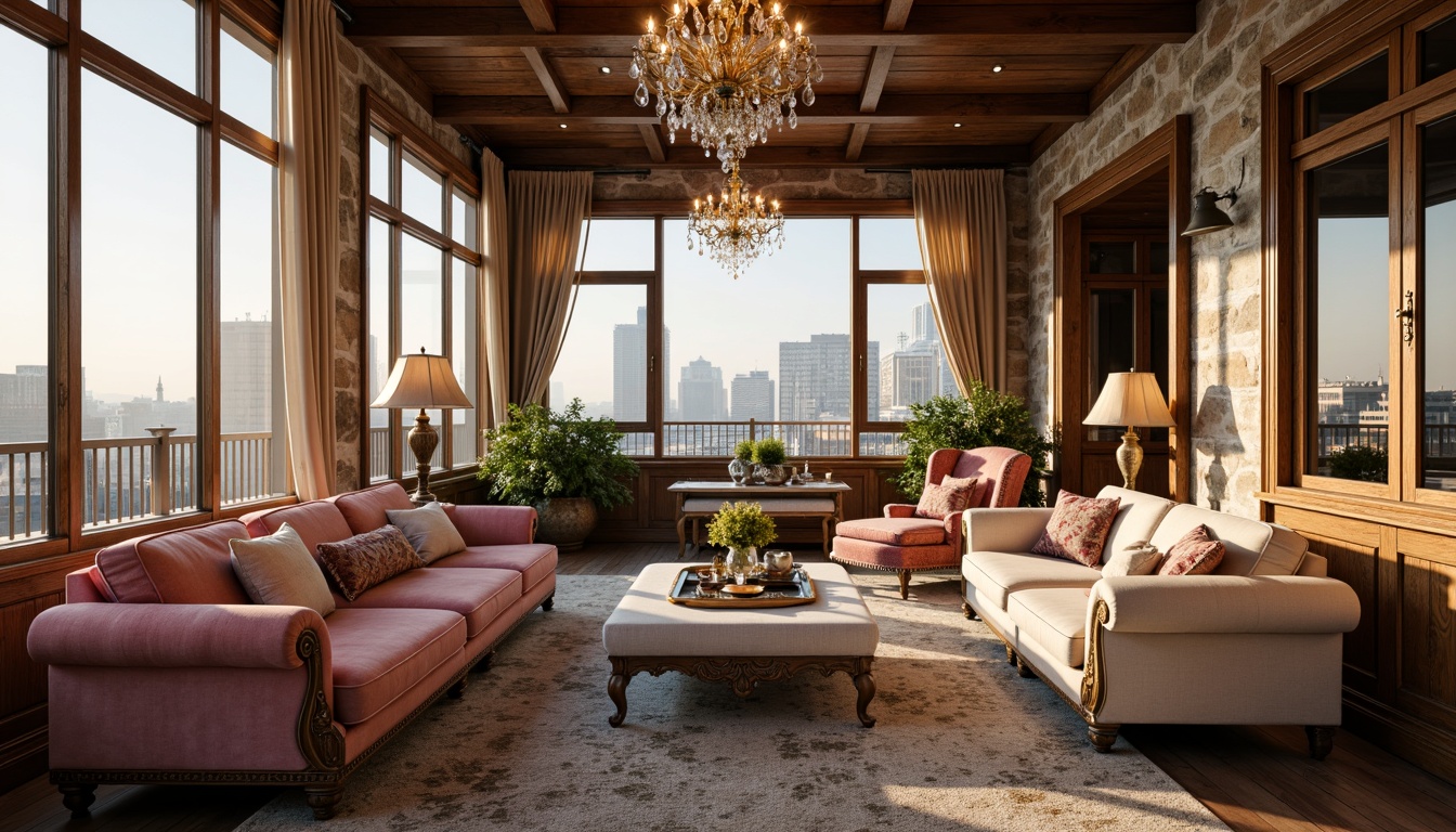 Prompt: Luxurious penthouse interior, French country style decor, distressed wood furniture, plush velvet sofas, ornate gold accents, crystal chandeliers, rustic stone walls, reclaimed wood floors, soft pastel colors, elegant drapery, romantic candlelight, vintage decorative accessories, classic Louis XVI armchairs, carved wooden paneling, intricate moldings, grand floor-to-ceiling windows, breathtaking city views, warm golden lighting, shallow depth of field, 1/2 composition, realistic textures, ambient occlusion.