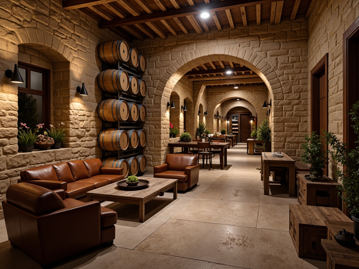 Prompt: Rustic wine cellar, stone walls, exposed brickwork, wooden barrel racks, dim warm lighting, earthy tones, natural textures, vintage wine barrels, metal accents, distressed wood finishes, arched doorways, ornate ironwork, soft candlelight, rustic wooden crates, old world charm, rich leather furnishings, warm beige colors, cozy nooks, intimate ambiance, dramatic ceiling heights, decorative stonework, ambient shadows, 3/4 composition, realistic textures.