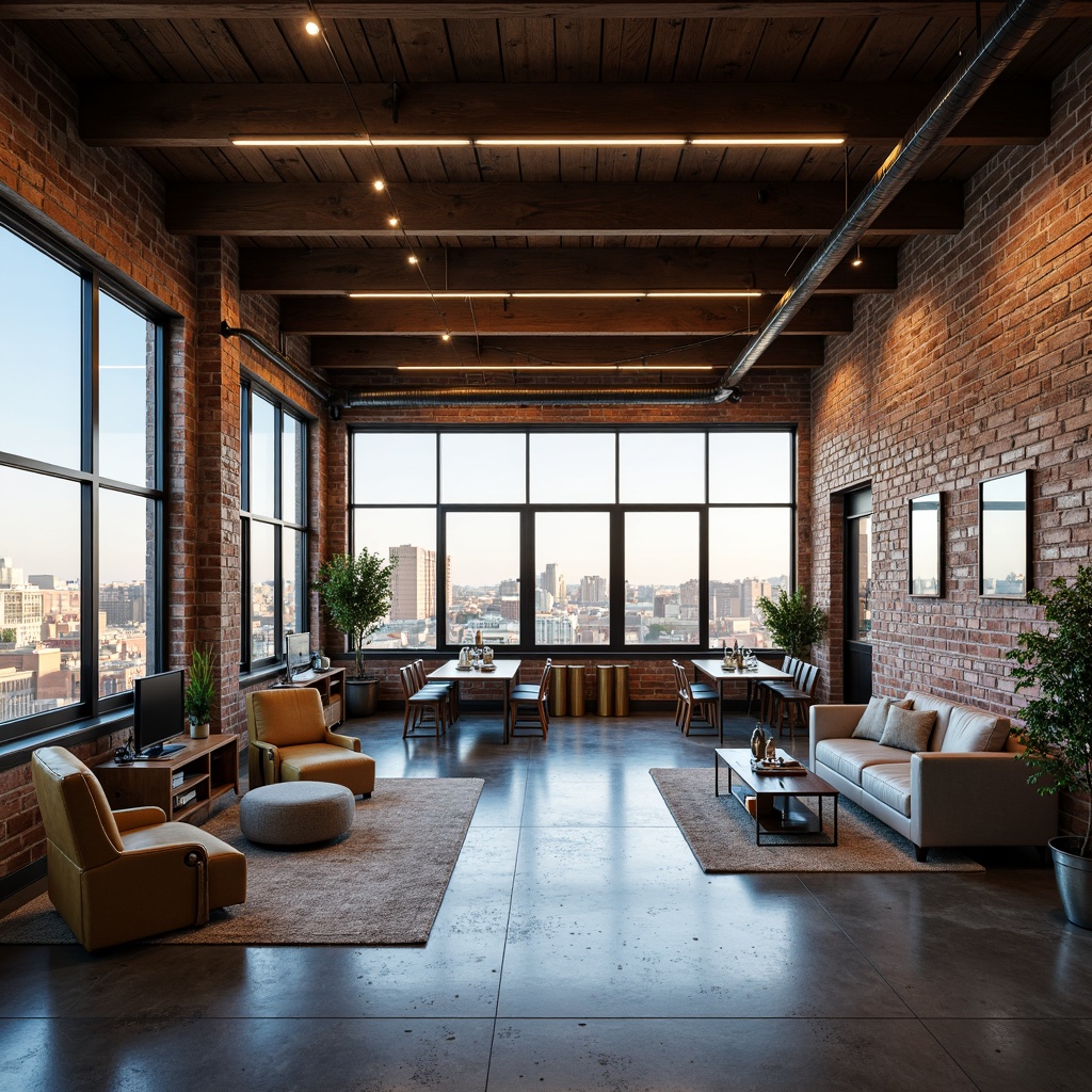 Prompt: Exposed brick walls, reclaimed wood accents, industrial chic lighting, polished concrete floors, minimalist decor, open-plan living areas, functional workstations, metal beams, high ceilings, floor-to-ceiling windows, abundant natural light, airy atmosphere, urban loft feel, flexible modular furniture, space-saving solutions, modern industrial appliances, sleek metallic surfaces, distressed finishes, eclectic decorative elements, vibrant splashes of color, dynamic city views, panoramic skyline vistas, warm afternoon lighting, shallow depth of field, 2/3 composition.