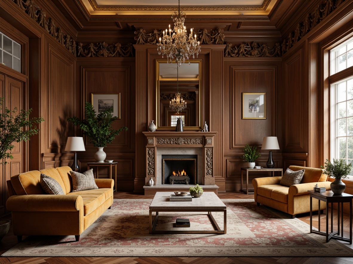 Prompt: Elegant living room, neoclassical furniture, ornate carvings, luxurious fabrics, velvet sofas, marble coffee tables, gilded frames, crystal chandeliers, rich wood tones, intricate moldings, subtle gold accents, soft warm lighting, 1/1 composition, shallow depth of field, realistic textures, ambient occlusion.