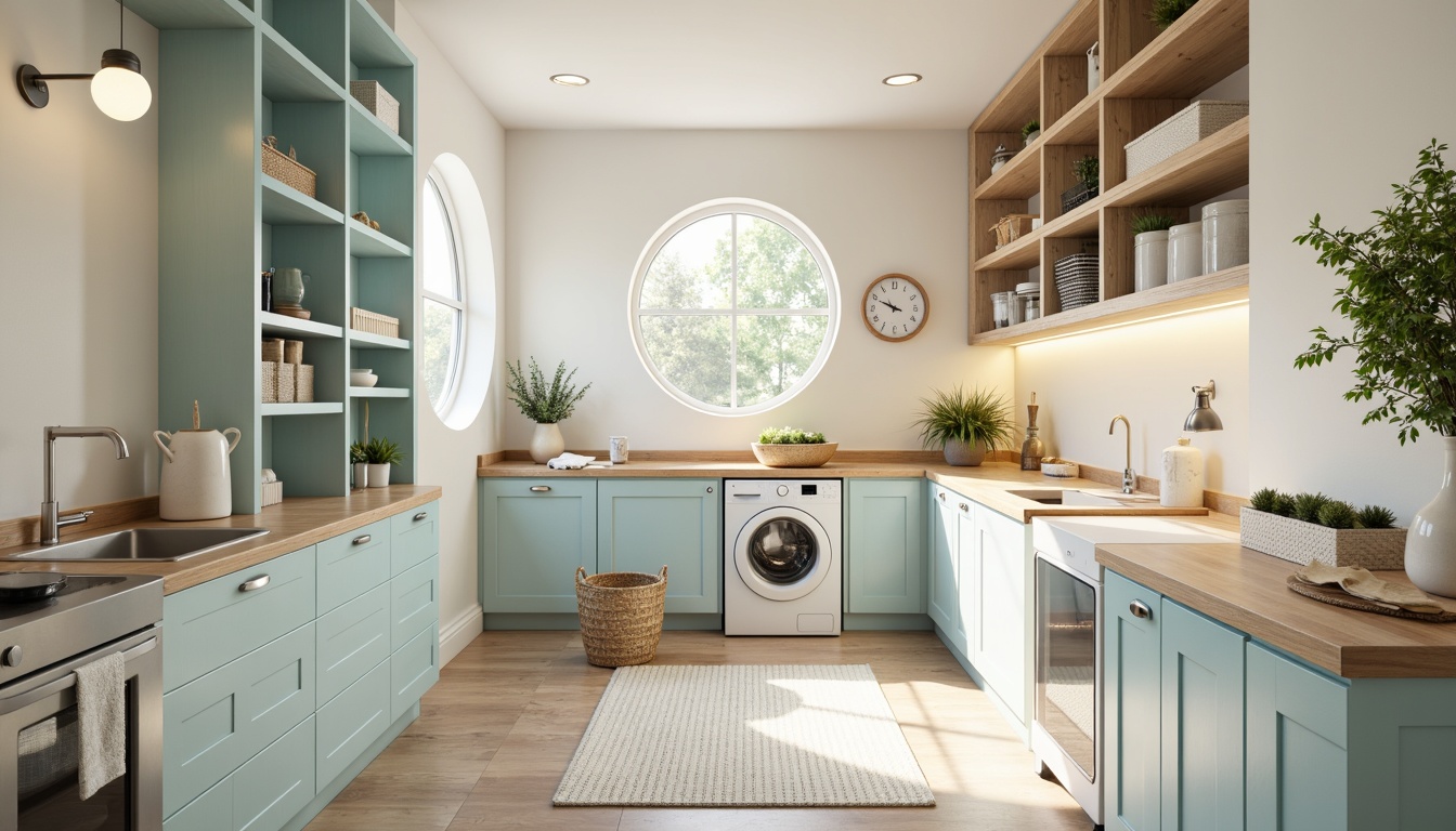 Prompt: Vibrant laundry room, pastel hues, soft whites, creamy tones, gentle blues, warm beiges, rich woods, modern appliances, sleek countertops, circular windows, natural light, airy atmosphere, minimalist decor, functional storage, built-in shelving, hanging rods, woven baskets, subtle textures, matte finishes, calming ambiance, bright accents, 1/1 composition, soft focus, warm lighting.