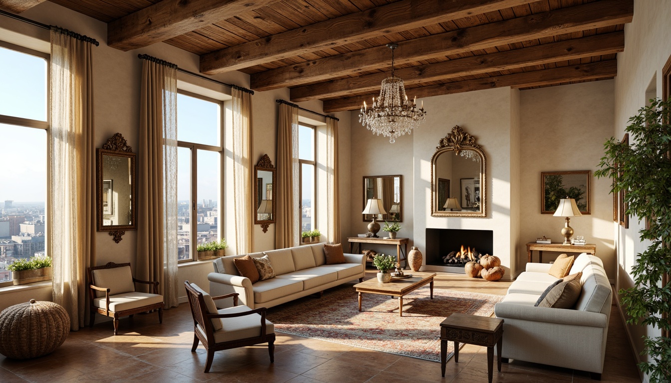 Prompt: Luxurious penthouse interior, French country style, rustic wooden beams, cream-colored stone walls, ornate mirrors, distressed wood furniture, plush velvet sofas, carved wooden chairs, soft golden lighting, lavish drapery, delicate lace curtains, elegant crystal chandeliers, vintage antique decor, refined metallic accents, natural fiber rugs, warm earthy tones, cozy fireplace nook, panoramic city views, 1/1 composition, shallow depth of field, soft focus, ambient occlusion.