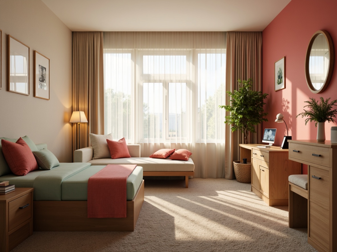 Prompt: Cozy dorm room, soft pastel hues, calming atmosphere, warm beige walls, rich wood furniture, plush carpeting, vibrant coral accents, soothing mint green bedding, natural light pouring in, sheer curtains, minimalist decor, comfortable reading nook, warm task lighting, relaxed ambiance, 1/1 composition, shallow depth of field, realistic textures.