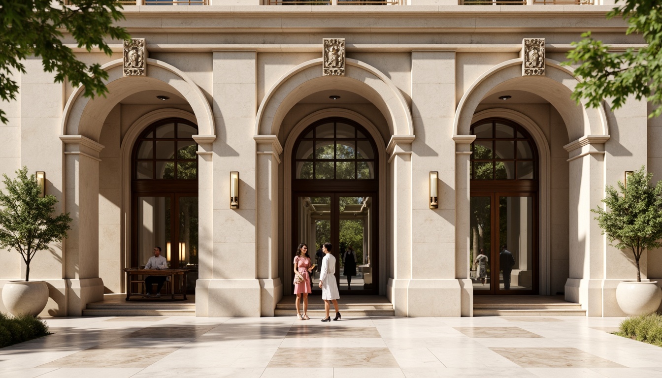 Prompt: Elegant bank facade, transitional style architecture, rectangular windows, symmetrical arrangement, ornate stone carvings, classical columns, rusticated bases, grand entrance, polished brass hardware, transparent glass, subtle arches, soft natural light, warm beige tones, creamy white marble, rich wood accents, sophisticated banking atmosphere, 1/2 composition, shallow depth of field, realistic textures, ambient occlusion.