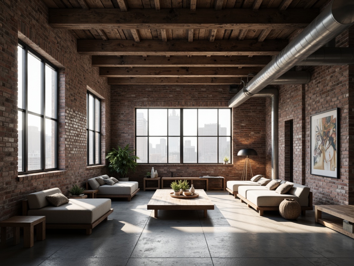 Prompt: Exposed brick walls, rough-hewn wooden beams, industrial metal pipes, distressed concrete floors, reclaimed wood accents, minimalist decor, urban cityscape views, large warehouse windows, natural light pouring in, dramatic shadows, brutalist architecture, functional simplicity, raw unfinished textures, monochromatic color scheme, neutral tone palette, abstract artwork, modern furniture pieces, low-hanging lamps, atmospheric misty lighting, 1/1 composition, wide-angle lens, realistic rendering.