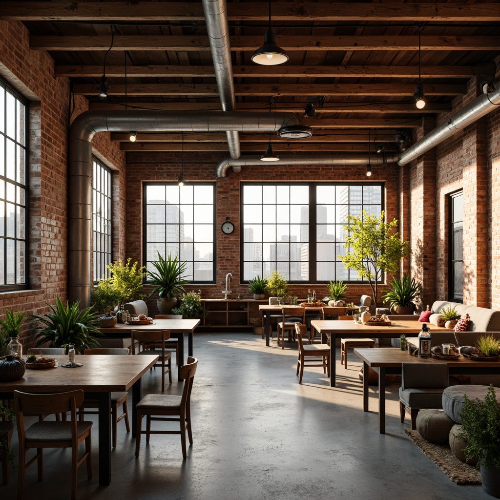 Prompt: Rustic industrial loft, exposed wooden beams, metal ductwork, reclaimed wood accents, distressed brick walls, vintage factory windows, modern minimalist decor, cozy ambient lighting, warm earthy tones, soft natural textures, urban cityscape views, converted warehouse space, eclectic decorative elements, functional industrial pipes, polished concrete floors, statement light fixtures, lush greenery, airy open layout, 3/4 composition, warm golden hour lighting.