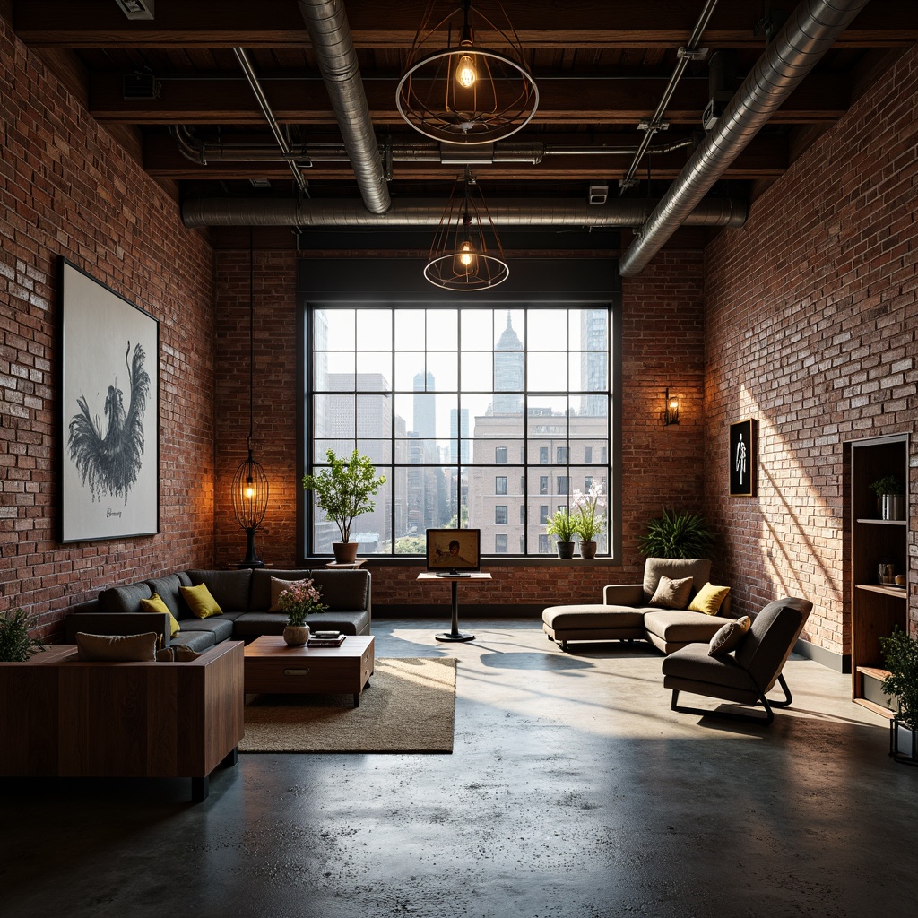 Prompt: Exposed brick walls, metal beams, reclaimed wood accents, industrial-style lighting fixtures, concrete floors, minimalist decor, urban cityscape views, functional pipes and ducts, distressed textures, gritty atmosphere, warm color tones, vintage manufacturing equipment, converted warehouse space, open-plan layout, modern art installations, eclectic furniture pieces, Edison bulbs, steel windows, brutalist architecture, dramatic shadows, high-contrast lighting, cinematic composition.