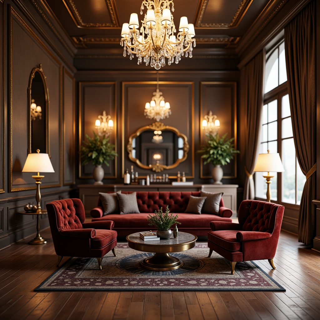 Prompt: Luxurious living room, plush velvet sofa, metallic gold legs, crystal chandelier, rich wood flooring, ornate mirror frames, lavish drapery, intricate patterns, soft warm lighting, shallow depth of field, 1/1 composition, realistic textures, ambient occlusion.