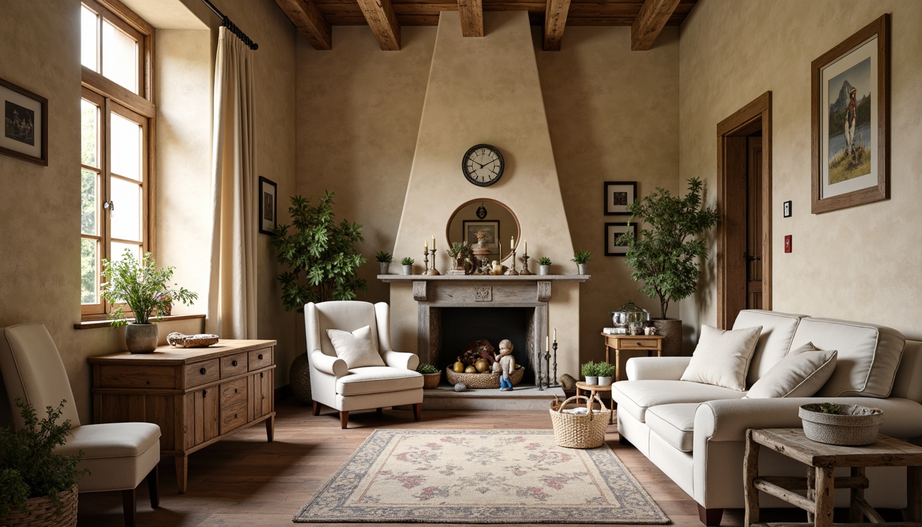 Prompt: Rustic French country interior, soft warm beige walls, distressed wood furniture, vintage accents, creamy whites, muted blues, earthy reds, natural linen fabrics, woven baskets, ornate metal hardware, antique decorative items, candlelight, warm golden lighting, shallow depth of field, 1/2 composition, cozy atmosphere, realistic textures, ambient occlusion.