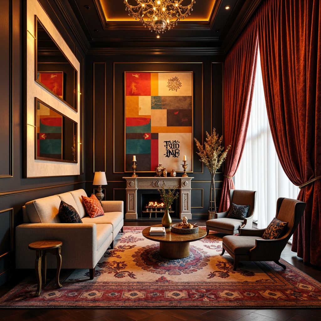 Prompt: Richly patterned walls, bold geometric shapes, vibrant color blocks, eclectic furniture, ornate mirrors, statement lighting fixtures, luxurious fabrics, plush area rugs, abstract artwork, dramatic floor-to-ceiling drapery, oversized decorative accessories, opulent materials, metallic accents, bold typography, asymmetrical composition, atmospheric warm lighting, high-contrast shadows, detailed textures, realistic reflections.