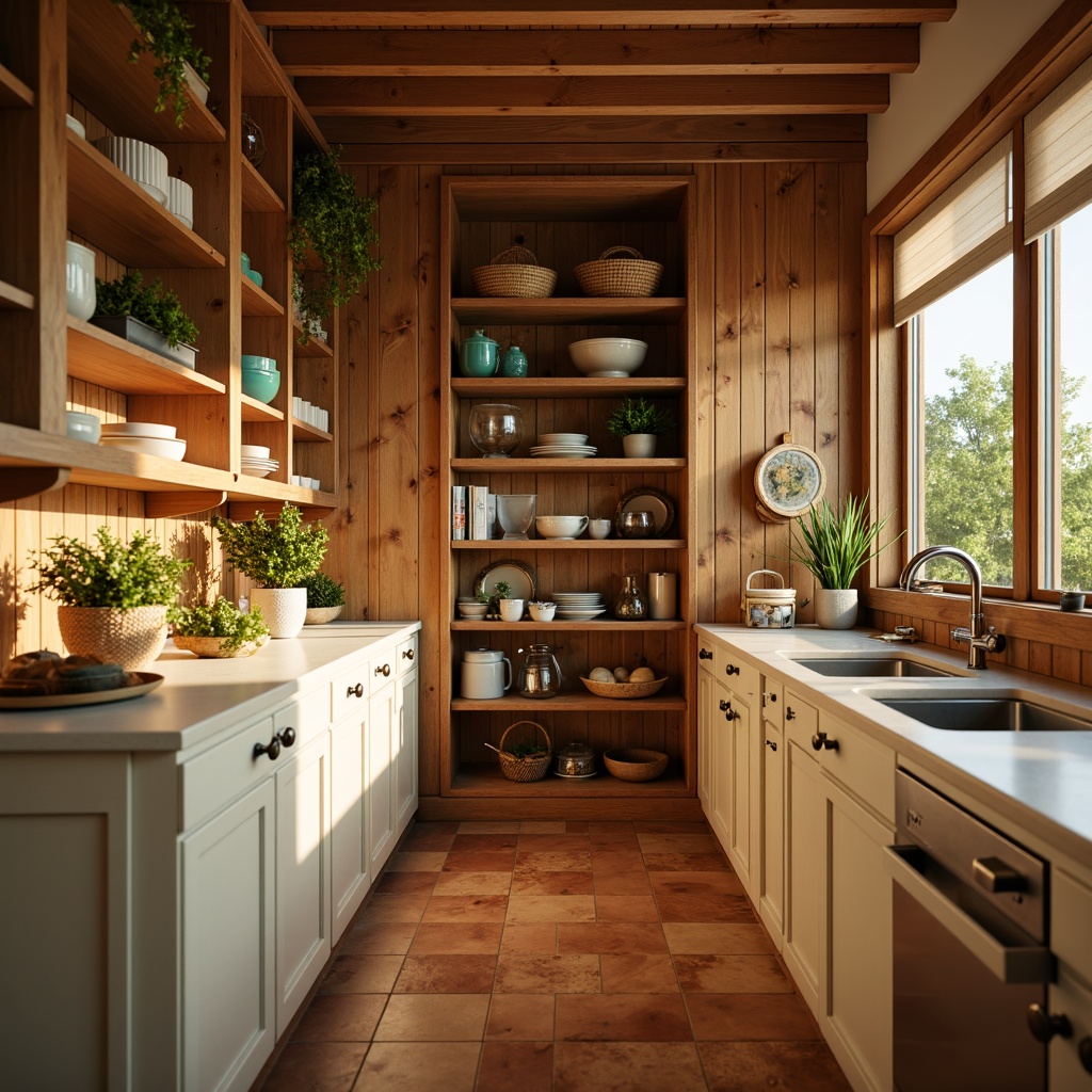 Prompt: Cozy pantry interior, warm beige cabinets, rich wood tones, soft cream countertops, subtle bronze hardware, earthy terracotta floors, vibrant turquoise accents, natural woven baskets, rustic wooden shelves, soft ambient lighting, shallow depth of field, 1/1 composition, realistic textures, warm golden hour, inviting atmosphere.