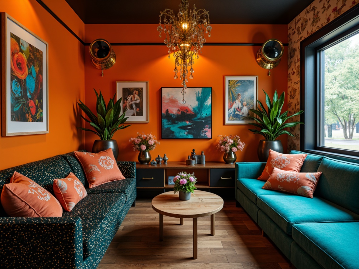 Prompt: Vibrant orange accent walls, bold turquoise furniture, rich brown wooden floors, eclectic mix of patterns, abstract art pieces, ornate gold metallic fixtures, dramatic chandeliers, plush velvet upholstery, distressed denim textures, playful polka dots, whimsical florals, avant-garde sculptures, futuristic neon lighting, moody atmospheric shadows, high-contrast color blocking, 2/3 composition, dynamic diagonal lines, soft focus blur, warm cozy ambiance.