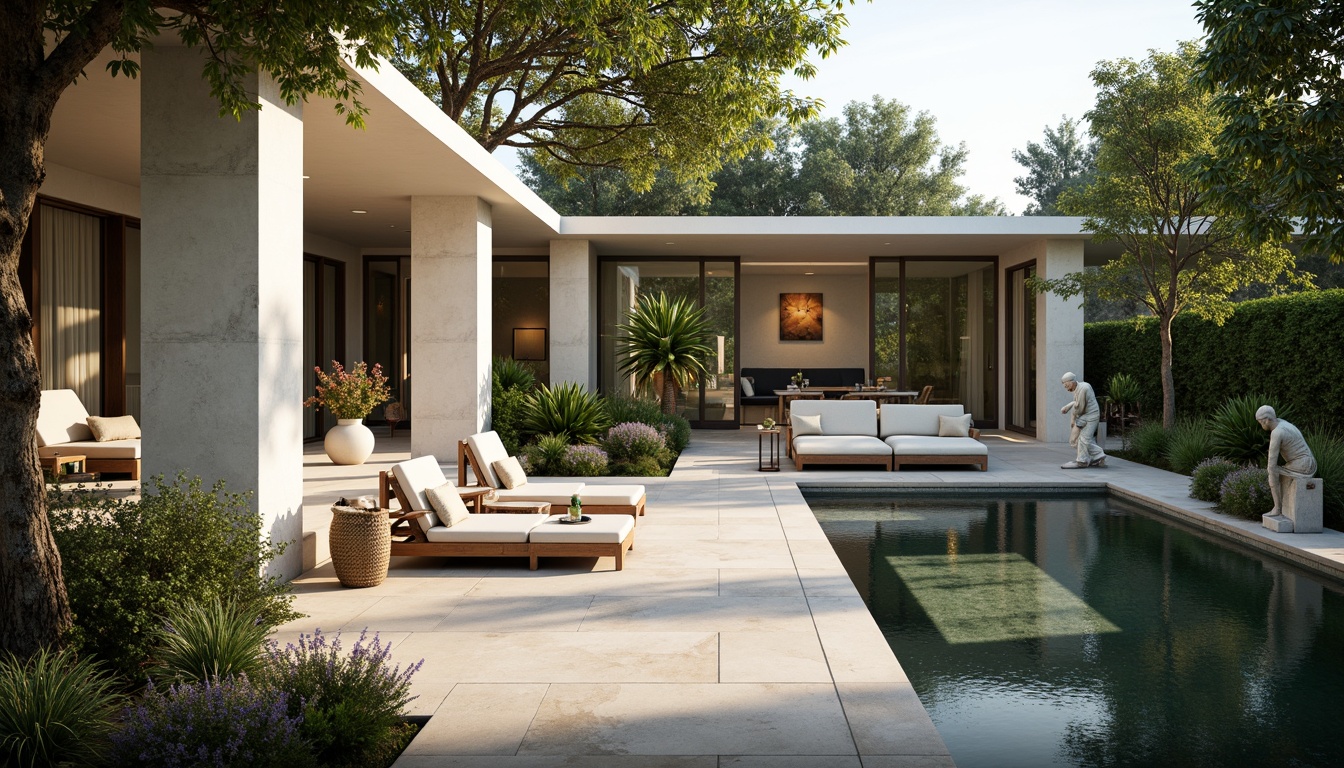 Prompt: Spacious villa courtyard, lush greenery, natural stone paving, ornate fountains, elegant statues, tranquil water features, floor-to-ceiling windows, sliding glass doors, minimalist interior design, neutral color palette, comfortable outdoor seating, ambient warm lighting, shallow depth of field, 1/1 composition, wide-angle lens, soft focus, realistic textures, subtle atmospheric effects.