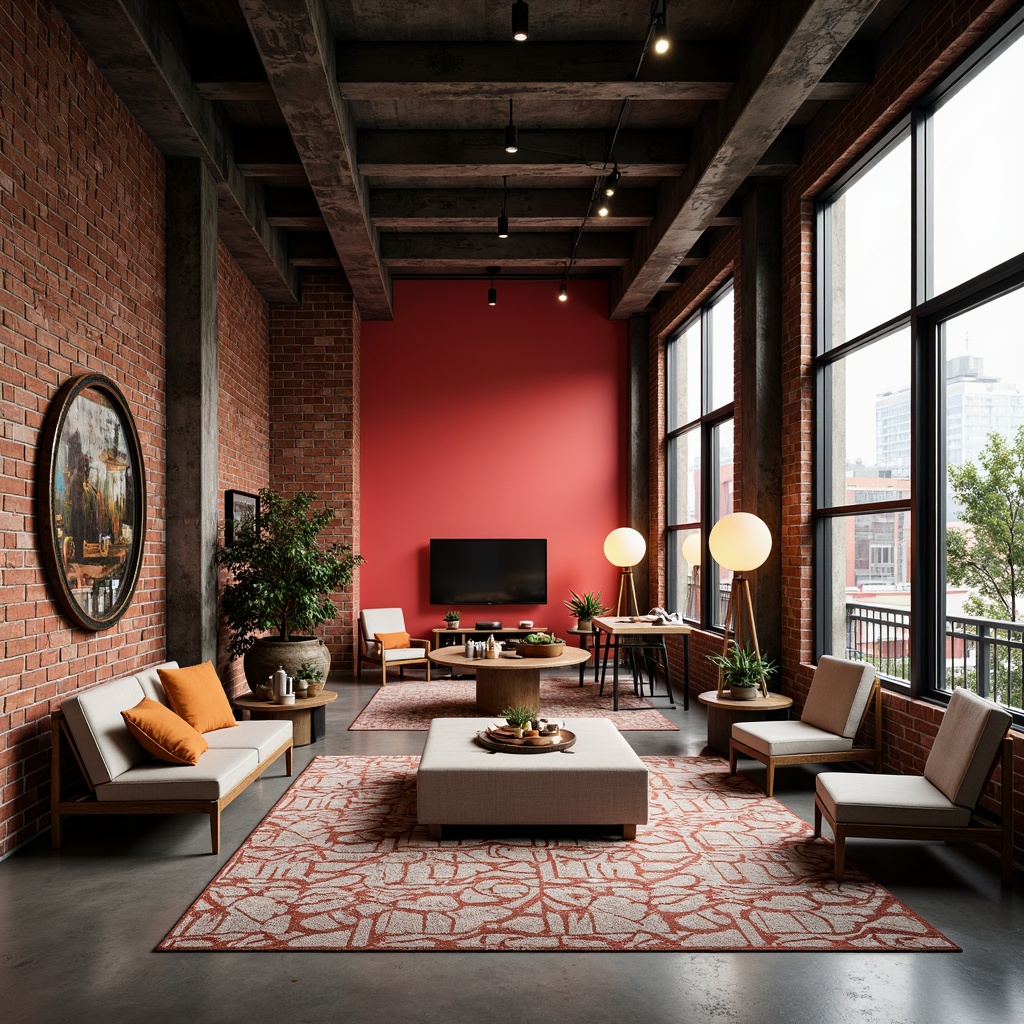 Prompt: Vibrant industrial space, exposed brick walls, polished concrete floors, metal beams, modern machinery, pops of bright color, bold accent walls, geometric patterned rugs, reclaimed wood furniture, edgy lighting fixtures, urban atmosphere, dramatic shadows, high contrast ratio, 1/1 composition, sharp focus, realistic textures, ambient occlusion.