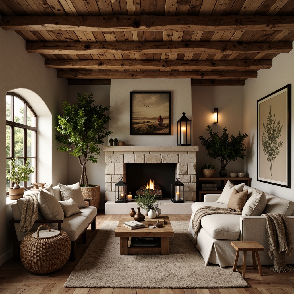 Prompt: Rustic wooden beams, stone walls, earthy color palette, natural textiles, woven baskets, vintage metal lanterns, reclaimed wood furniture, distressed finishes, cozy fireplace, plush throw blankets, potted plants, botanical prints, warm candlelight, shallow depth of field, 1/1 composition, realistic textures, ambient occlusion, serene atmosphere.