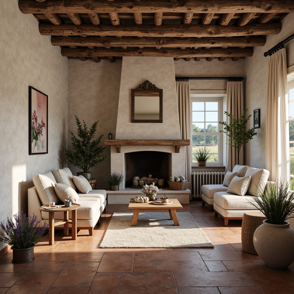 Prompt: Rustic stone walls, distressed wooden beams, soft lavender fields, vintage metal accents, warm terracotta floors, creamy whites, muted grays, earthy browns, sky blues, aged copper, worn leather, faded florals, natural linen textures, cozy candlelight, shallow depth of field, 1/2 composition, serene atmosphere, realistic wear and tear, ambient occlusion.