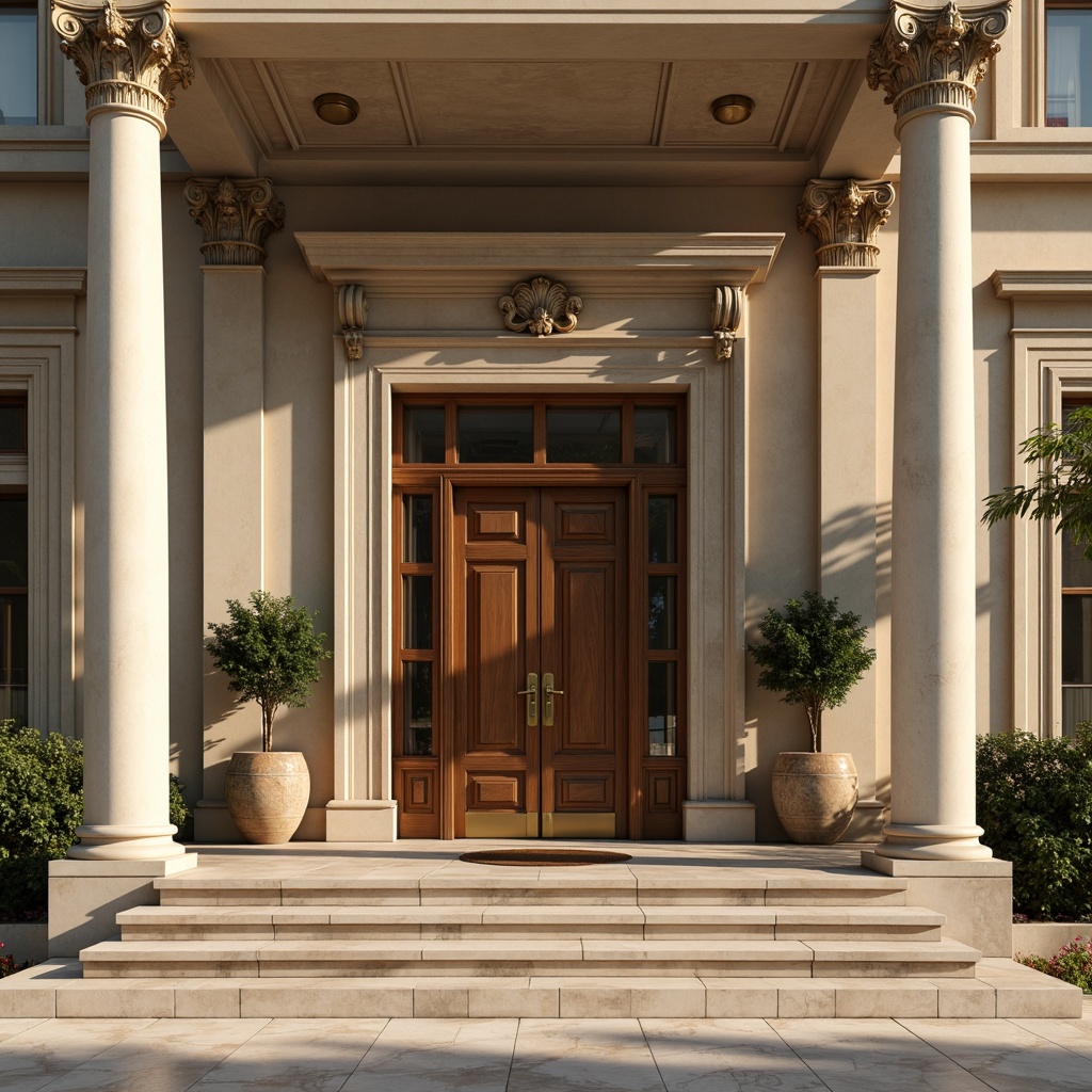 Prompt: Elegant Neoclassical facade, grand entrance columns, ornate Corinthian capitals, smooth limestone surfaces, symmetrical composition, balanced proportions, refined pilasters, subtle architraves, decorative friezes, richly ornamented pediments, stately front doors, polished bronze hardware, warm beige color scheme, soft natural lighting, atmospheric shadows, shallow depth of field, 2/3 composition, classical Roman-inspired motifs, intricate moldings, luxurious marble flooring.