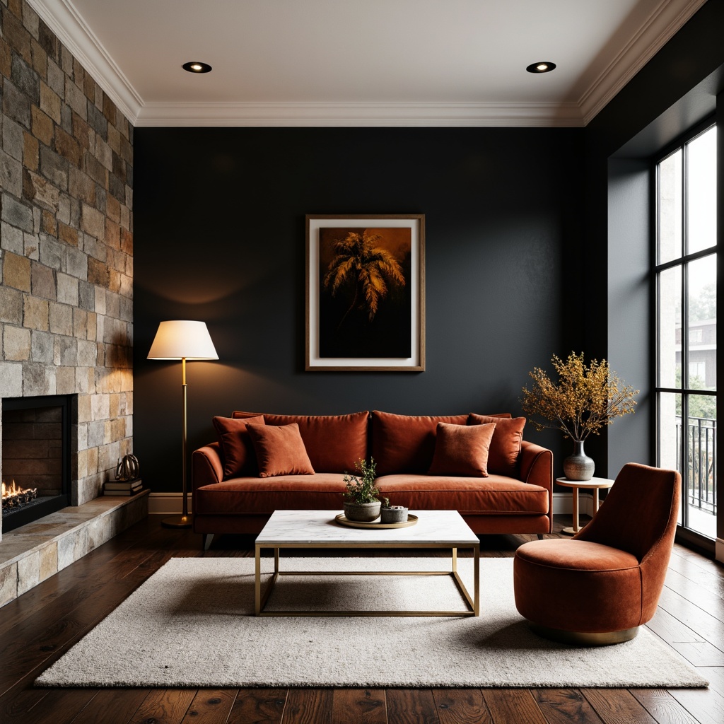 Prompt: Luxurious living room, rich velvet sofa, smooth marble coffee table, rough-hewn wooden floorboards, plush area rug, metallic lamp fixtures, matte black walls, glossy white ceiling, natural stone feature wall, soft warm lighting, shallow depth of field, 1/1 composition, realistic textures, ambient occlusion.