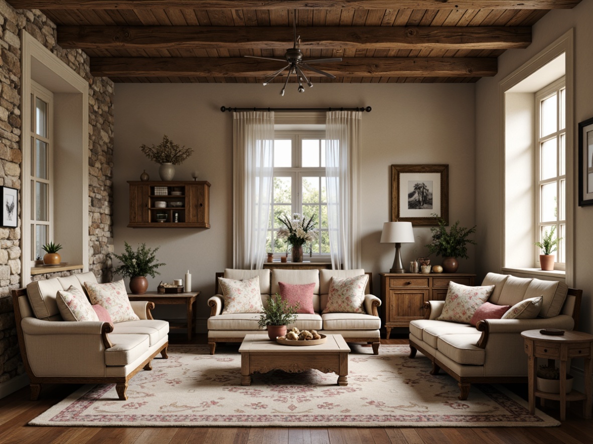 Prompt: Rustic wooden furniture, distressed finishes, vintage decor, soft pastel colors, floral patterns, ornate carvings, velvet upholstery, linen fabrics, natural textures, stone walls, wooden beams, classic armchairs, elegant sofas, antique accessories, candles, fresh flowers, warm lighting, cozy atmosphere, 1/2 composition, shallow depth of field, realistic render, soft focus.Please let me know if this meets your requirements!