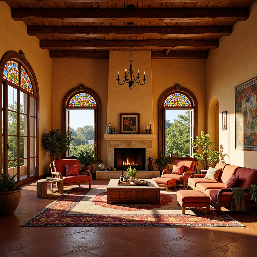 Prompt: Vibrant villa interior, southwestern style, stained glass windows, warm golden lighting, rich wood accents, earthy terracotta floors, plush furnishings, colorful tapestries, intricate geometric patterns, ornate metalwork, rustic wooden beams, natural stone walls, cozy fireplaces, soft warm ambiance, shallow depth of field, 1/1 composition, realistic textures, ambient occlusion.