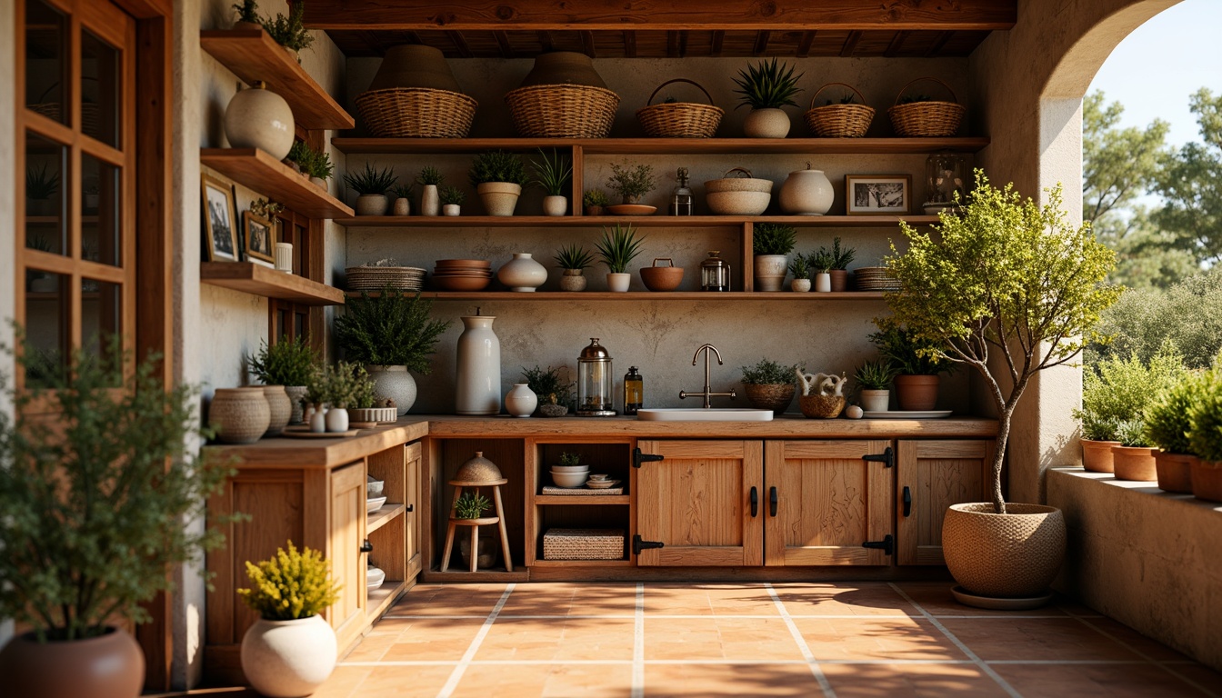 Prompt: Cozy Mediterranean-style pantry, warm terracotta tiles, rustic wooden shelves, ornate ceramic vases, woven wicker baskets, fragrant herbs, potted olive trees, distressed stone walls, vintage metal lanterns, soft golden lighting, shallow depth of field, 1/2 composition, intimate close-up shot, realistic textures, ambient occlusion.