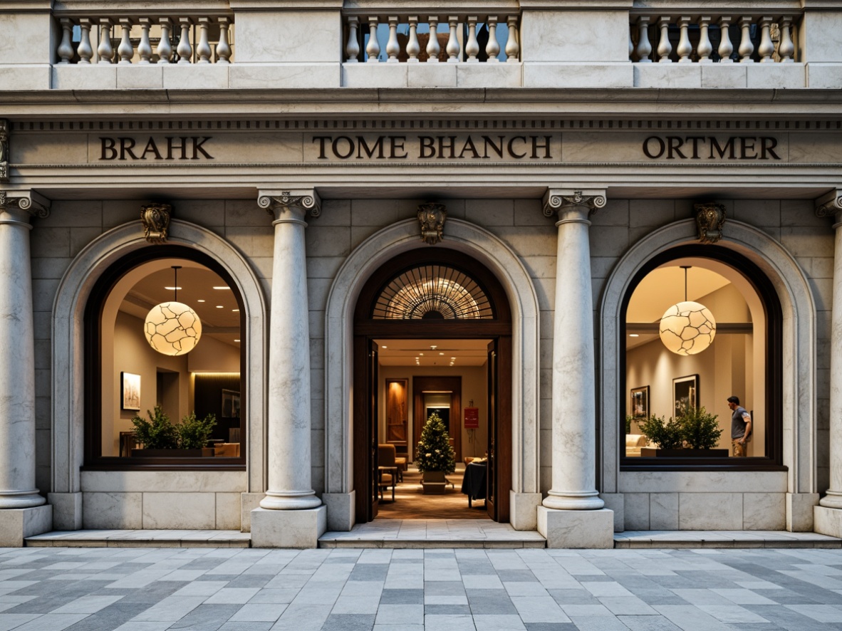 Prompt: Elegant bank facade, transitional architectural style, symmetrical composition, grand entrance, ornate doorways, classical columns, intricate stone carvings, stained glass windows, arched openings, bronze hardware, neutral color palette, subtle textures, soft natural lighting, warm atmosphere, shallow depth of field, 1/2 composition, realistic reflections, ambient occlusion.