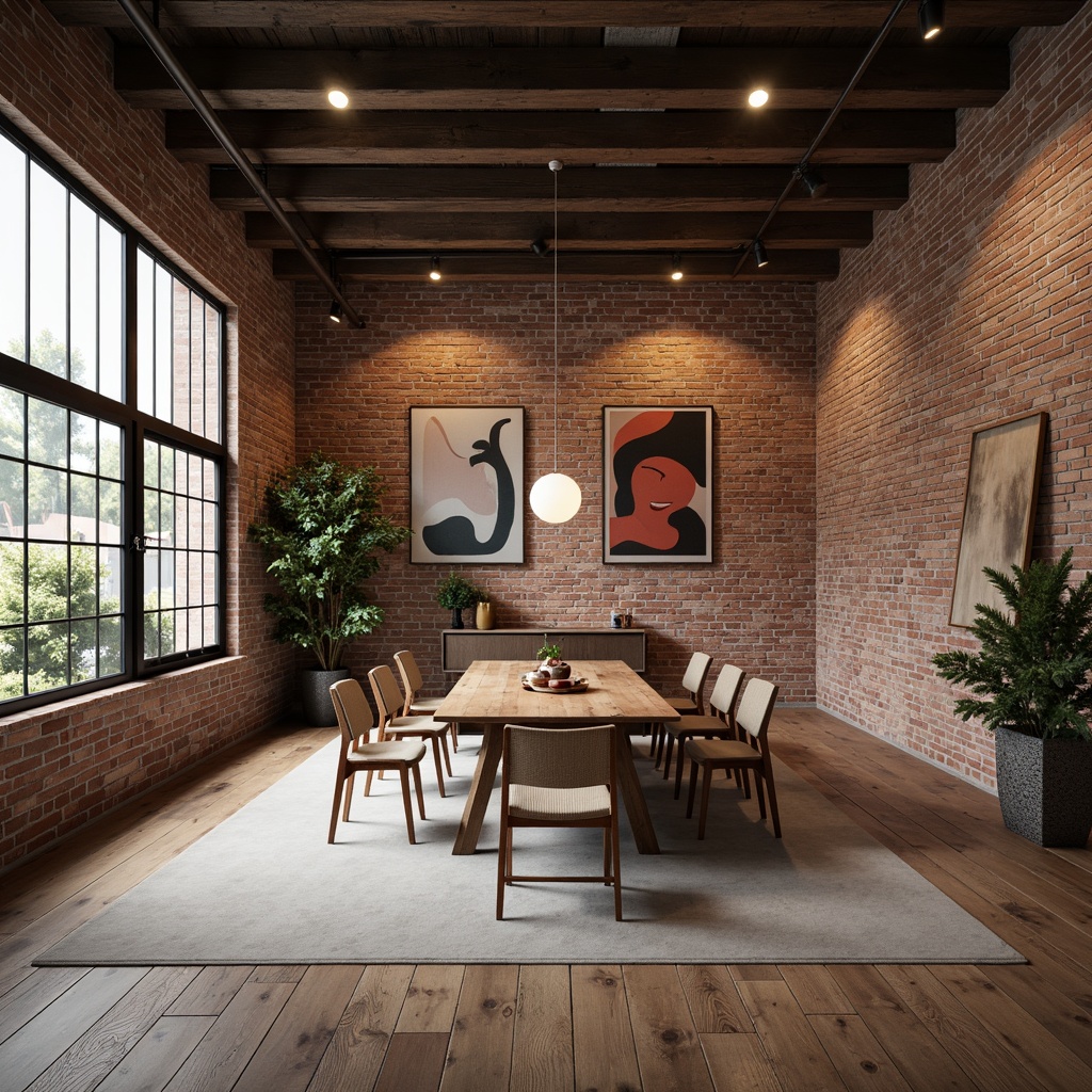 Prompt: Exposed brick walls, reclaimed wood flooring, polished concrete surfaces, industrial metal beams, earthy tone color palette, natural stone accents, minimalist decor, urban loft atmosphere, soft warm lighting, subtle shadows, 1/1 composition, cinematic perspective, realistic textures, ambient occlusion.