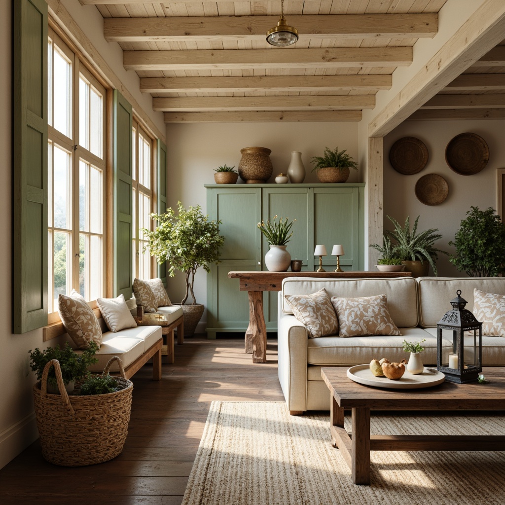 Prompt: Rustic farmhouse interior, vintage decorative items, distressed wood accents, earthy color palette, warm beige walls, soft sage green furniture, creamy white trim, weathered metal decor, natural linen fabrics, woven baskets, antique wooden tables, ornate metal lanterns, soft warm lighting, shallow depth of field, 1/1 composition, realistic textures, ambient occlusion.