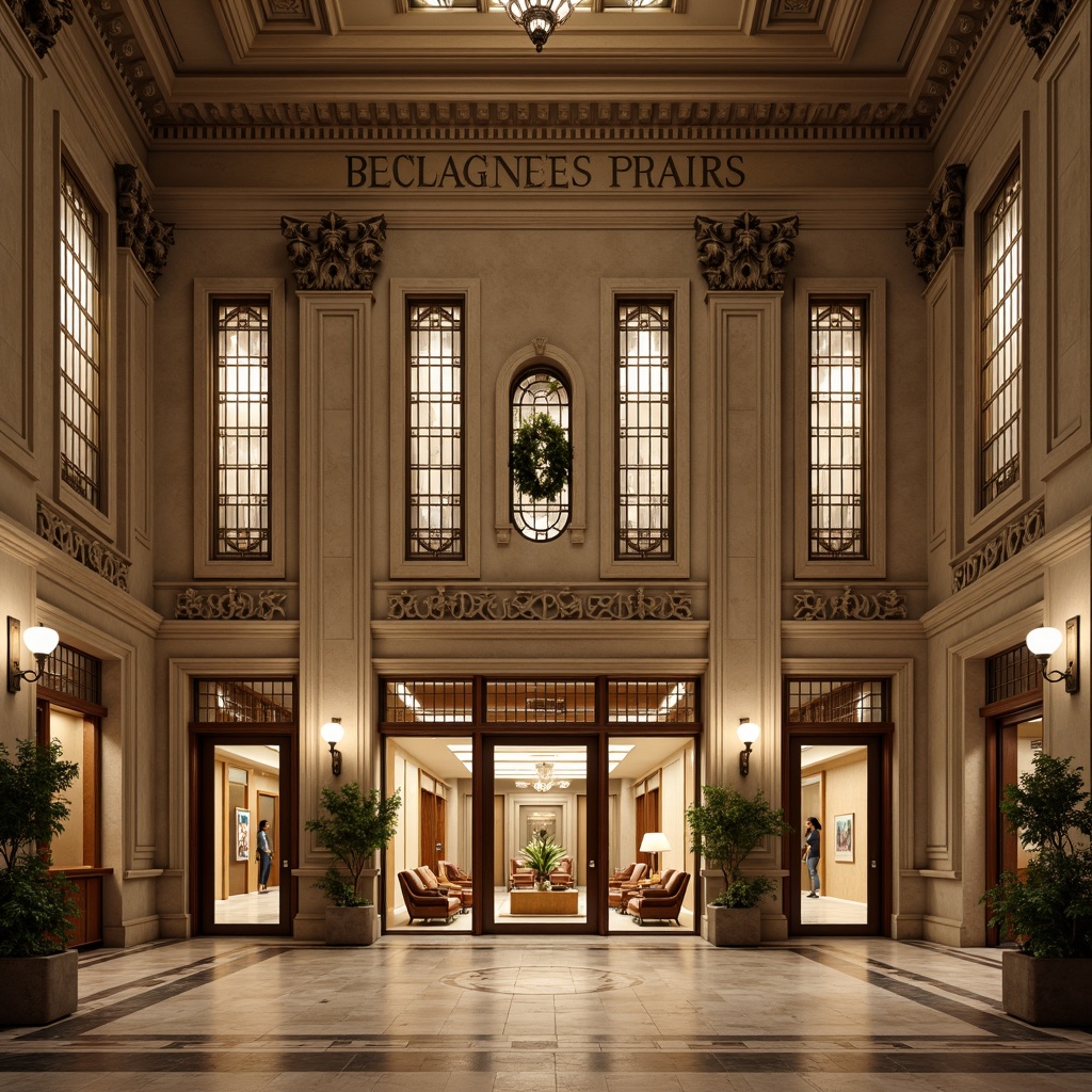 Prompt: Elegant banking hall, neoclassical facade, ornate stone carvings, grand entrance doors, symmetrical window arrangements, arched windows, rectangular windows with ornate frames, subtle Art Deco influences, luxurious interior spaces, high ceilings, marble floors, intricate moldings, warm golden lighting, shallow depth of field, 1/1 composition, realistic textures, ambient occlusion.