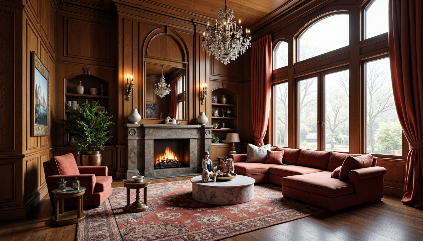 Prompt: Elegant living room, rich wood tones, ornate furnishings, luxurious fabrics, velvet pillows, crystal chandeliers, metallic accents, marble coffee tables, plush area rugs, statement walls, bold color schemes, dramatic drapery, floor-to-ceiling windows, natural light pouring in, warm cozy atmosphere, inviting textures, layered lighting, 3/4 composition, shallow depth of field.