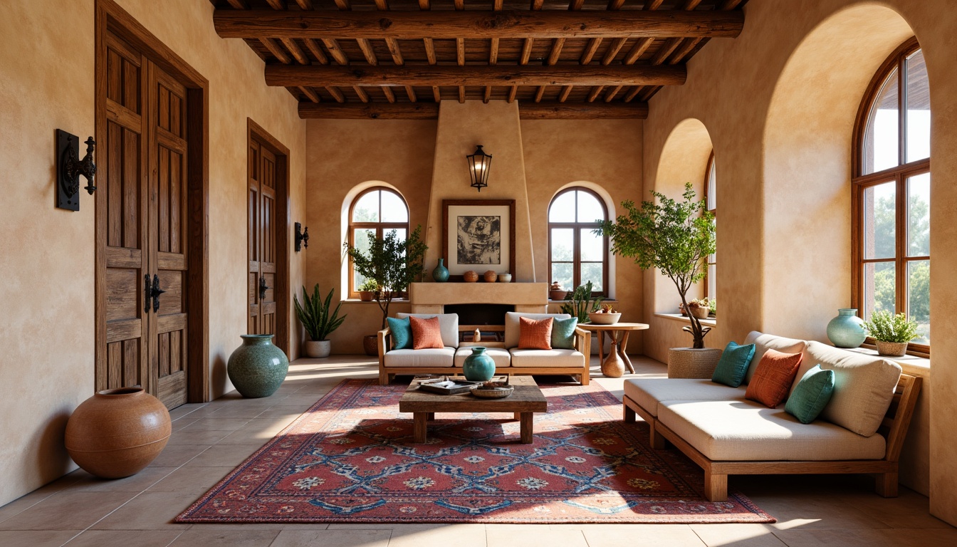 Prompt: Adobe earth-toned stucco walls, rustic wooden accents, terra cotta roof tiles, ornate metal door hardware, colorful woven textiles, vibrant turquoise accents, geometric patterned rugs, natural fiber upholstery, distressed wood furniture, arched windows, decorative clay pottery, Southwestern-inspired ceramic tiles, warm earthy color palette, soft ambient lighting, shallow depth of field, 1/1 composition, realistic textures, ambient occlusion.