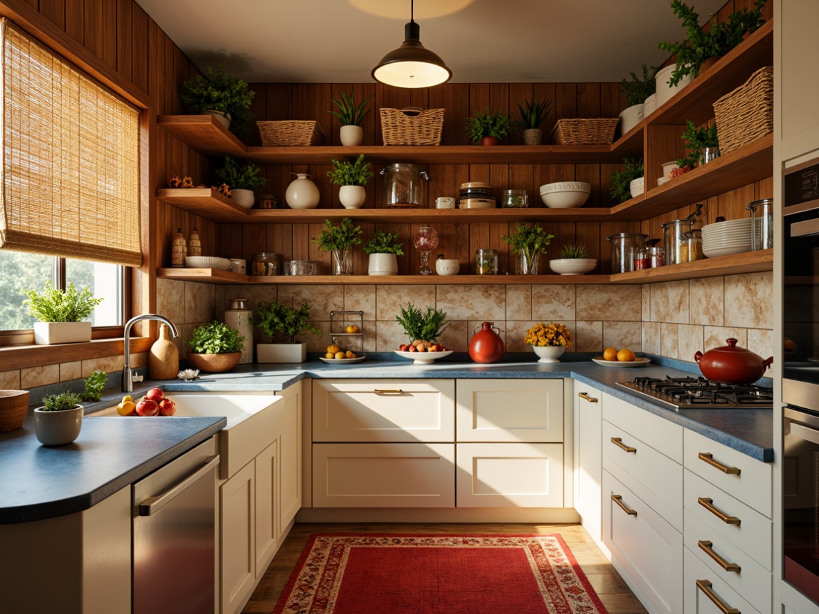 Prompt: Vibrant pantry interior, warm golden lighting, rich wood tones, creamy white cabinets, soft blue-gray countertops, rustic metal accents, woven baskets, ceramic jars, glass containers, colorful spices, fresh herbs, earthy terracotta pots, natural stone backsplash, modern appliances, sleek chrome handles, bold red pops of color, 3/4 composition, shallow depth of field, warm atmosphere, inviting textures.