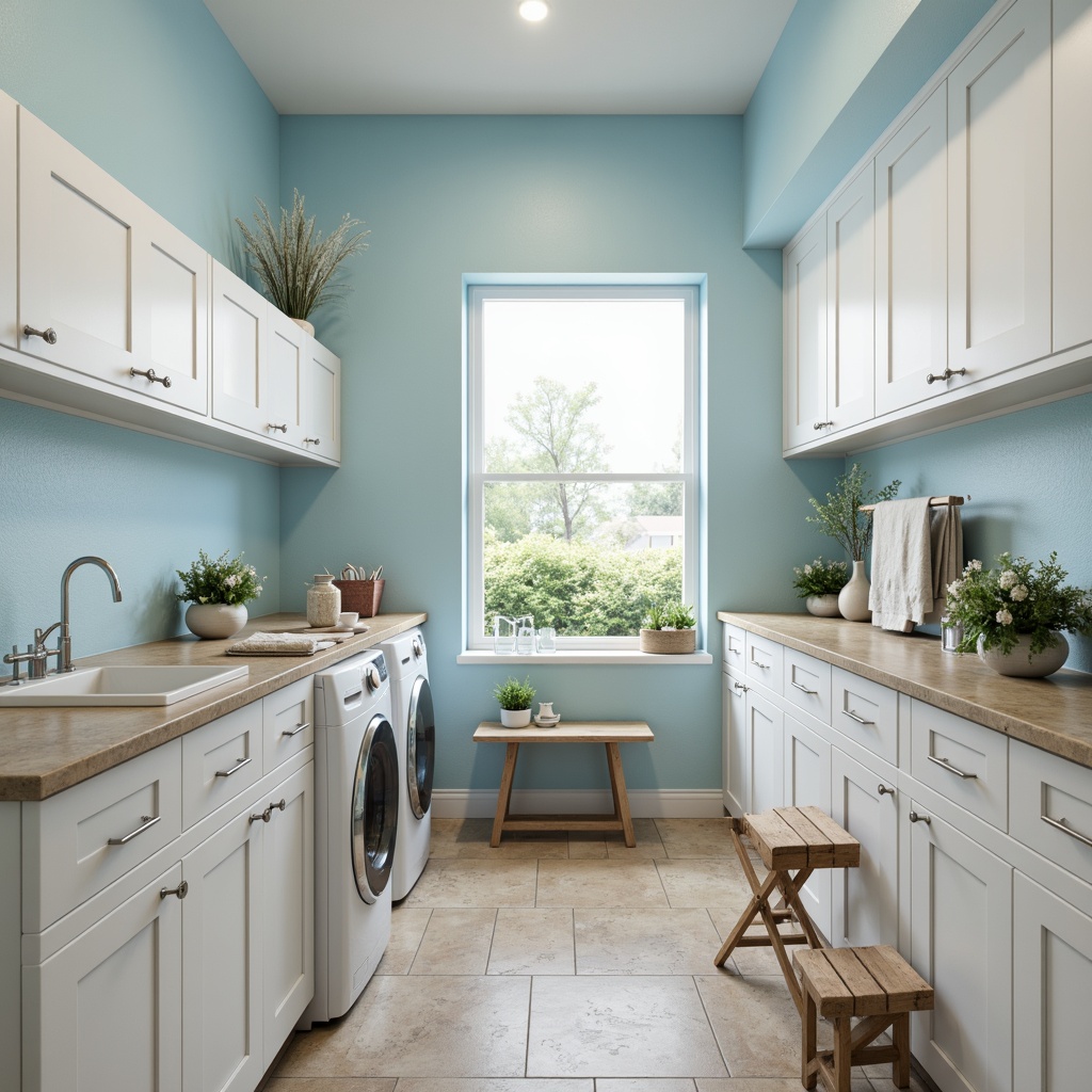 Prompt: Vibrant laundry room, bright white cabinets, soft pastel hues, calming blue tones, warm beige countertops, sleek metal appliances, modern minimalist decor, natural stone flooring, ample storage space, folding tables, ironing boards, built-in shelves, LED lighting, 3/4 composition, shallow depth of field, realistic textures, ambient occlusion.