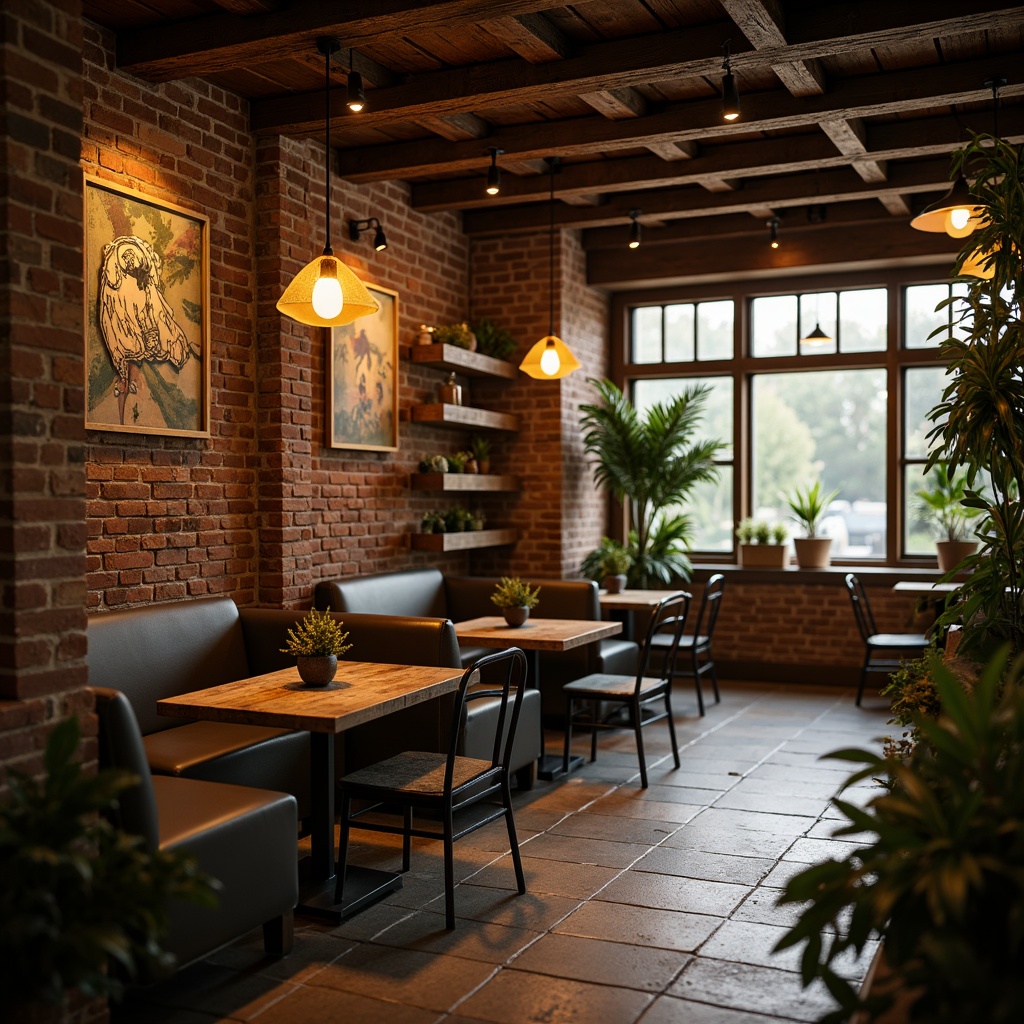 Prompt: Cozy coffee shop interior, warm ambient lighting, pendant lamps, wooden accents, industrial-chic decor, exposed brick walls, comfortable seating areas, rustic wooden tables, vintage metal chairs, lush greenery, natural stone floors, soft warm lighting, layered lighting effects, 1/2 composition, shallow depth of field, warm color temperature, realistic textures, ambient occlusion.