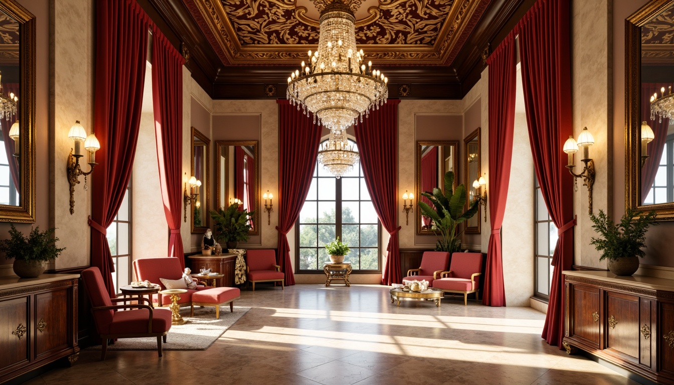 Prompt: Rich velvet drapes, ornate gold frames, luxurious mahogany woodwork, lavish crystal chandeliers, intricate floral patterns, warm beige stone walls, opulent red and gold accents, soft cream-colored marble countertops, dramatic high ceilings, lavish furnishings, abundant natural light, 1/2 composition, shallow depth of field, warm golden lighting, realistic textures, ambient occlusion.