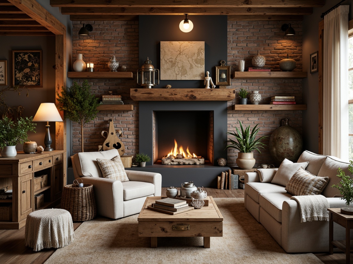 Prompt: Rustic farmhouse, vintage eclectic style, distressed wood accents, woven textiles, natural fibers, earthy tones, cozy throw blankets, plush pillows, antique furniture, metal lanterns, reclaimed wood shelves, exposed brick walls, soft warm lighting, shallow depth of field, 1/2 composition, intimate setting, realistic textures, ambient occlusion.