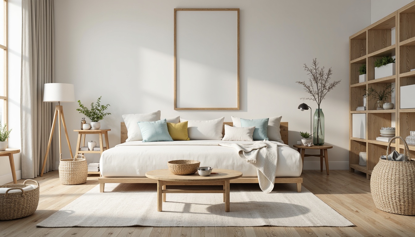 Prompt: Soft pastel hues, calming whites, creamy beiges, gentle blues, warm yellows, cozy grays, natural fabrics, woven baskets, rustic wood accents, vintage metal decorations, airy open spaces, abundant natural light, soft focus, shallow depth of field, 2/3 composition, serene atmosphere, realistic textures.