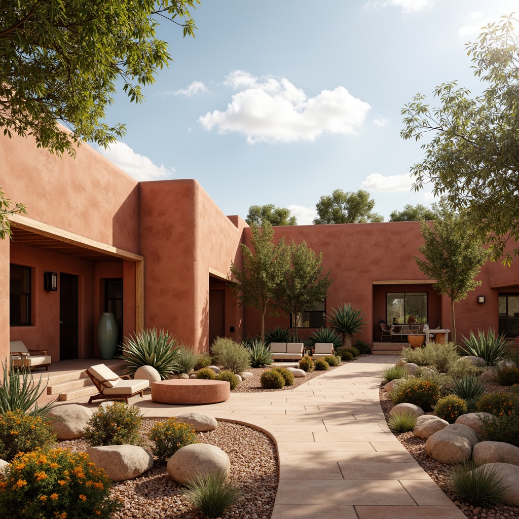 Prompt: Warm earthy tones, terracotta reds, sandy beiges, turquoise accents, rustic wooden textures, natural stone facades, curved adobe-inspired architecture, lush cacti gardens, vibrant desert flora, sun-kissed patios, warm soft lighting, shallow depth of field, 1/1 composition, panoramic view, realistic earthy materials, ambient occlusion.