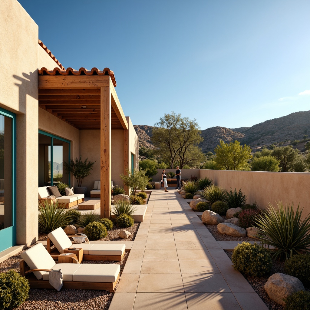 Prompt: Earthy southwestern villa, warm beige stucco exterior, rustic wooden accents, vibrant turquoise doors, burnt orange roof tiles, lush cacti gardens, succulent arrangements, sunny desert landscape, clear blue sky, vast open spaces, natural stone pathways, modern southwestern architecture, large windows, sliding glass doors, cozy outdoor living areas, warm ambient lighting, soft focus blur, 1/2 composition, realistic textures, detailed normal maps.