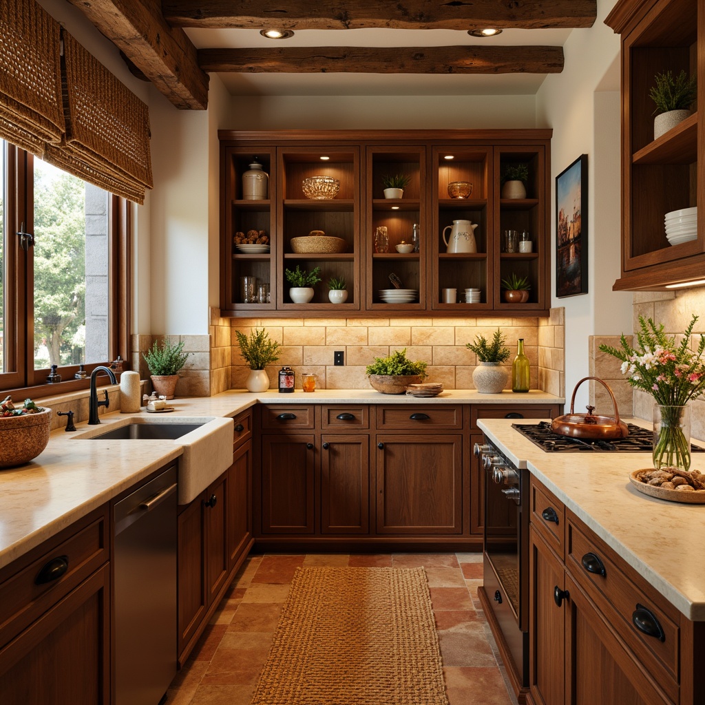 Prompt: Warm Mediterranean pantry, rustic wooden cabinets, ornate metal hardware, creamy marble countertops, woven rattan baskets, ceramic jars, vintage copper accents, earthy terracotta flooring, soft warm lighting, shallow depth of field, 1/1 composition, realistic textures, ambient occlusion.