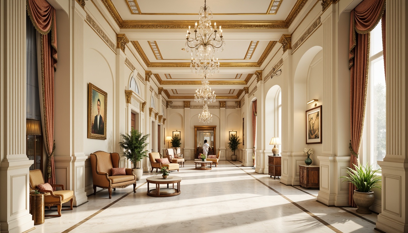 Prompt: Elegant interior space, ornate molding designs, creamy white marble, gilded accents, symmetrical compositions, curved lines, fluted columns, decorative pilasters, intricate ceiling patterns, crystal chandeliers, luxurious fabrics, velvet drapes, carved wooden furniture, antique bronze hardware, warm golden lighting, shallow depth of field, 1/2 composition, realistic textures, ambient occlusion.