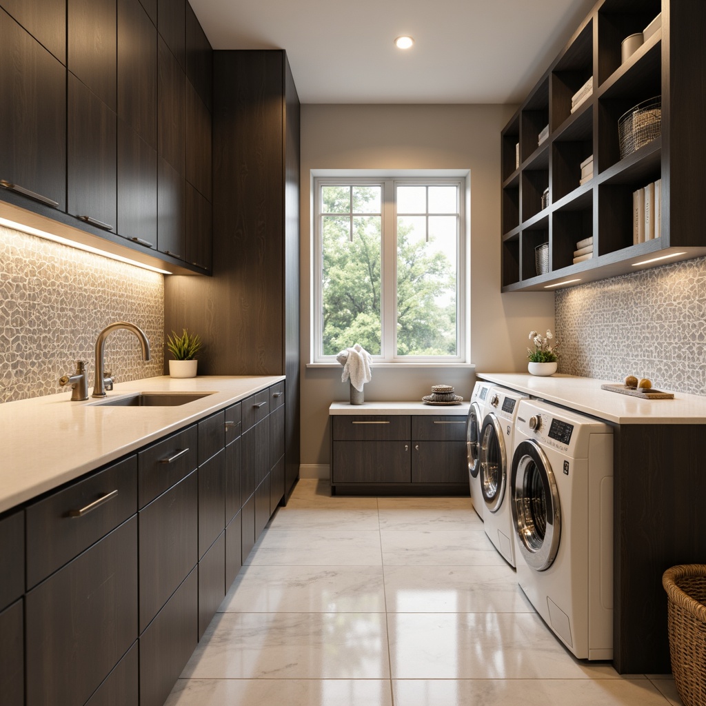 Prompt: Modern laundry room, sleek cabinets with metallic handles, glossy white countertops, chrome faucets, built-in washing machines, dryers with LED displays, minimalist shelving units, geometric tile backsplashes, soft warm lighting, 3/4 composition, shallow depth of field, realistic textures, ambient occlusion, neutral color palette, elegant typography, subtle wood grain patterns.