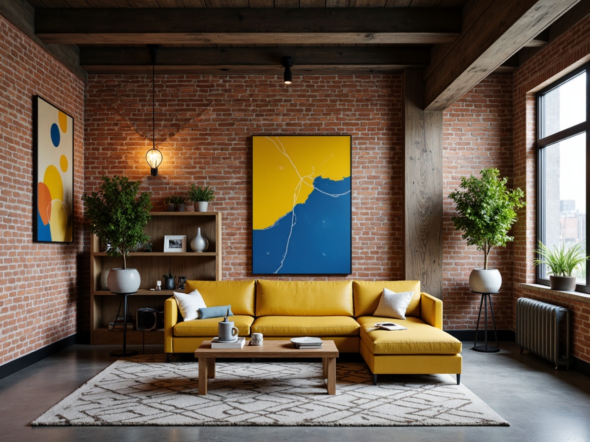 Prompt: Exposed brick walls, industrial metal beams, reclaimed wood accents, concrete floors, minimalist decor, modern brutalist architecture, pops of vibrant yellow, bold blue hues, rich greenery, natural textiles, earthy tone color palette, abstract art pieces, geometric-patterned rugs, industrial-style lighting fixtures, functional metal furniture, airy open spaces, dramatic high ceilings, urban loft atmosphere, warm atmospheric lighting, 3/4 composition, realistic textures, ambient occlusion.