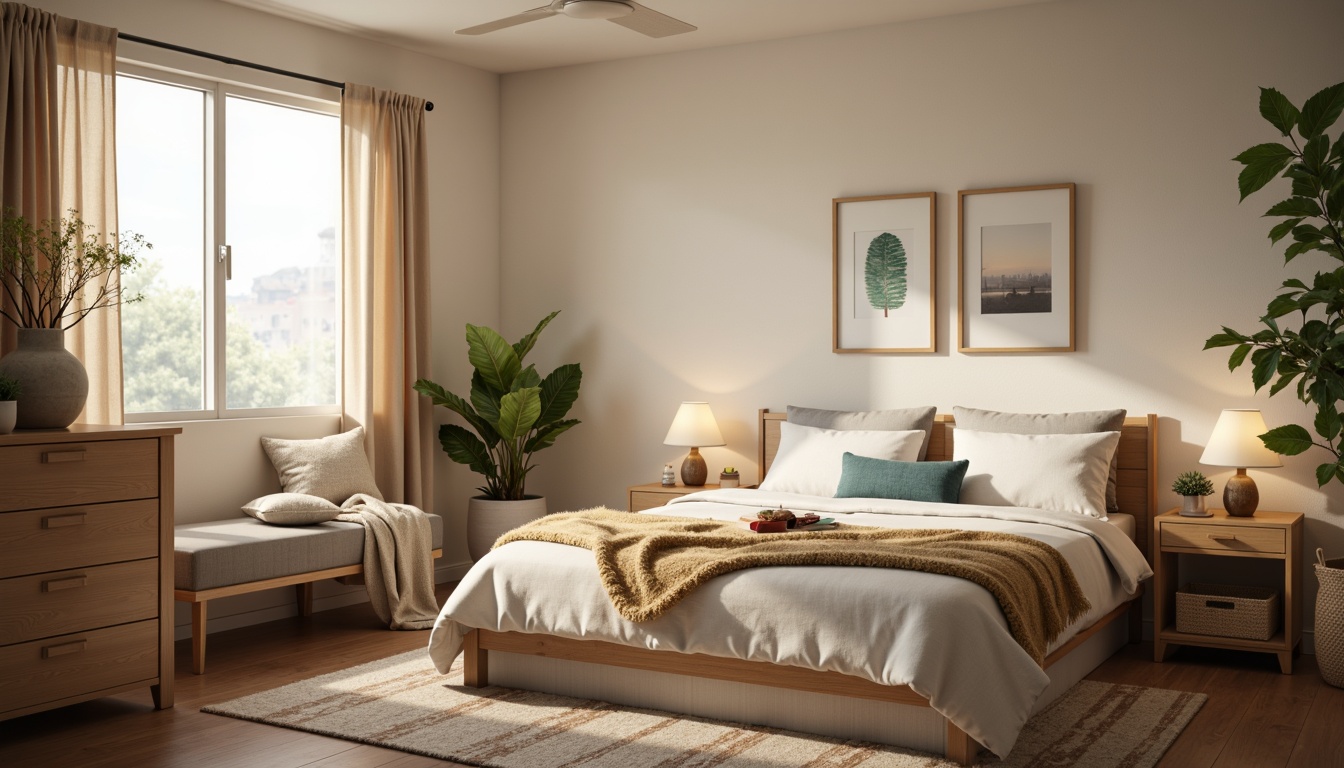 Prompt: Cozy dorm room, soft pastel colors, calming atmosphere, minimalist decor, comfortable bedding, plush throw pillows, warm task lighting, wooden furniture, natural textiles, woven baskets, earthy tones, creamy whites, soothing blues, pale greens, golden accents, subtle patterns, textured rugs, cozy reading nook, relaxing ambiance, warm beige walls, soft focus photography, 1/2 composition, intimate lighting.