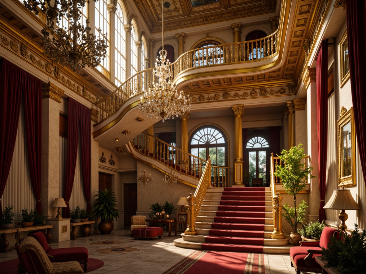 Prompt: Opulent baroque palace, grandiose staircases, ornate gilded details, crystal chandeliers, lavish furnishings, rich velvet drapes, intricate stone carvings, majestic marble columns, sparkling glass accents, delicate filigree patterns, warm golden lighting, dramatic shadows, 1/2 composition, close-up shot, high-contrast ratio, realistic reflections.