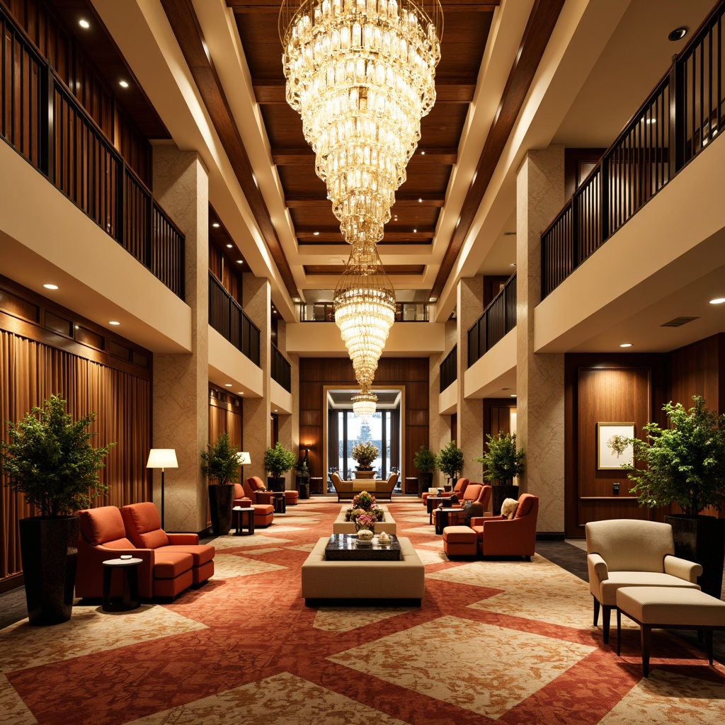 Prompt: Elegant hotel lobby, luxurious chandeliers, warm ambient lighting, soft glow, sophisticated ceiling fixtures, modern LED strips, cozy seating areas, rich wood accents, plush carpets, vibrant color schemes, dramatic high ceilings, grand staircases, opulent furnishings, natural stone walls, warm beige tones, inviting atmosphere, relaxing ambiance, 1/1 composition, shallow depth of field, softbox lighting, realistic textures.