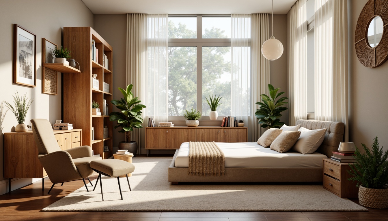 Prompt: Mid-century modern dorm room, minimalist decor, wooden furniture, geometric patterns, earthy tones, retro-inspired chairs, sleek metal legs, tufted headboards, plush throw pillows, woven baskets, potted plants, natural light, airy atmosphere, 1/1 composition, softbox lighting, realistic wood textures, subtle ambient occlusion.