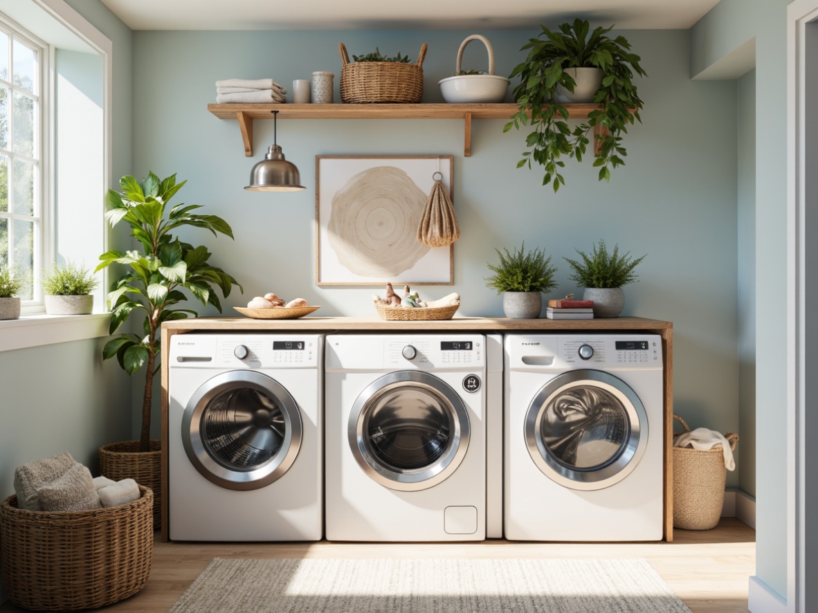 Prompt: Vibrant laundry room, bright whites, soft pastels, calming blues, warm beige tones, modern appliances, sleek metal finishes, minimalist decor, natural light pouring in, airy atmosphere, gentle breeze, subtle scents, fresh flowers, woven baskets, cozy textiles, warm wood accents, shallow depth of field, 1/1 composition, realistic textures.