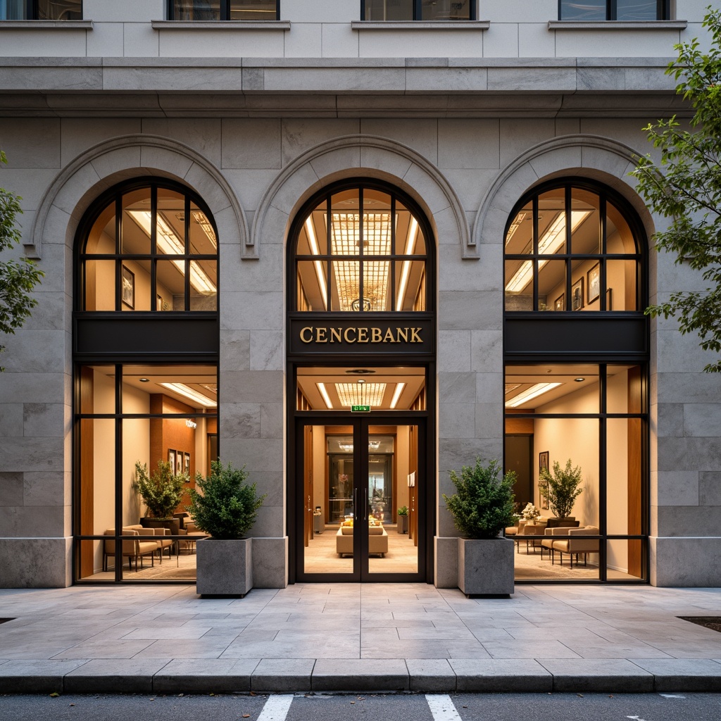 Prompt: Elegant bank facade, transitional architectural style, granite stone walls, ornate metalwork details, arched windows, stained glass patterns, symmetrical compositions, grand entrance doors, polished marble floors, sophisticated interior lighting, subtle color palette, warm beige tones, rich wood accents, rectangular column supports, urban cityscape backdrop, morning soft light, shallow depth of field, 2/3 composition, realistic materials, ambient occlusion.